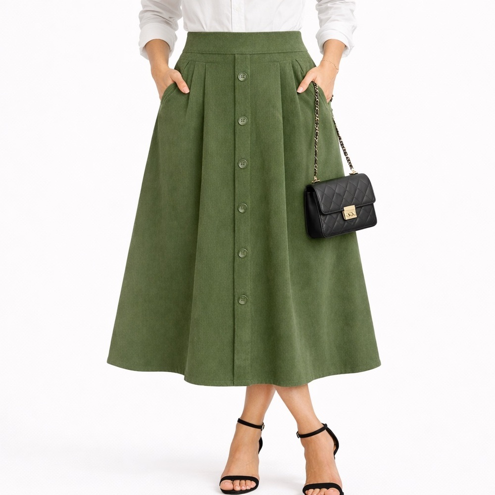 Womens Vintage Corduroy A Line Midi Skirt High Waist Button Pockets Fall Winter